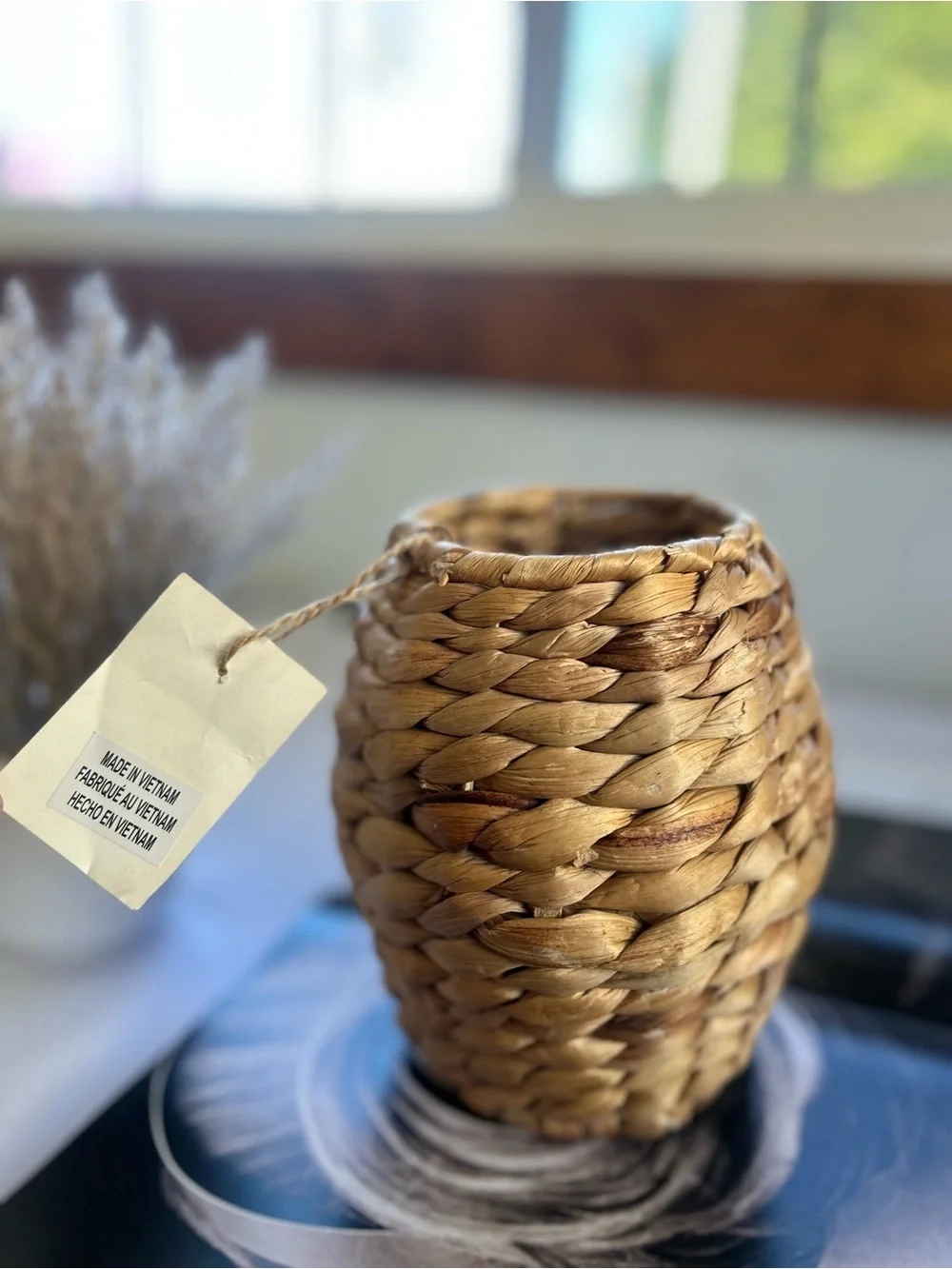Natural Woven Accent Vase - Brown Small Rattan Vase for Flowers, Rustic Deco